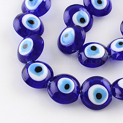 Redondas plana mal de ojo hebras de abalorios de murano, azul, 15~16x8~9mm, agujero: 2 mm, aproximamente 24 pcs / cadena, 13.7 pulgada
