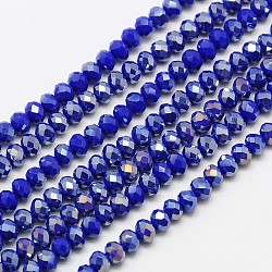 Electroplate Opaque Solid Color Crystal Glass Rondelle Beads Strands, Faceted, AB Color Plated, Blue, 4x3mm, Hole: 1mm, about 135pcs/strand, 17.9 inch