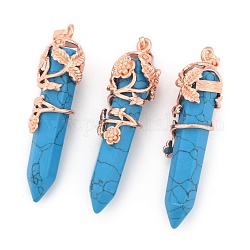 Pendentifs pointus turquoise synthétiques, avec les accessoires en laiton, balle, or rose, 57~60x16mm, Trou: 8x5mm