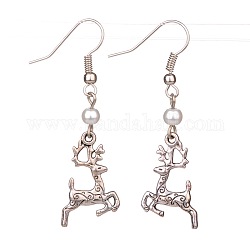 Trendy Dangling Glass Pearl Earrings , with Tibetan Style Sika Deer Pendant and Brass Earrings Hooks, Antique Silver, White, 50mm, Pin: 0.6mm