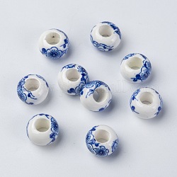 Abalorios europeos de porcelana hechas a mano, Abalorios de grande agujero, rerondana plana, sin núcleo metálico, blanco, aproximamente 13 mm de diámetro, 8.5 mm de espesor, agujero: 5 mm