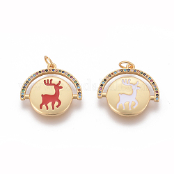 Brass Micro Pave Cubic Zirconia Pendants, with Enamel, Flat Round with Christmas Reindeer/Stag, Golden, Golden, 20x21x2mm, Hole: 3mm