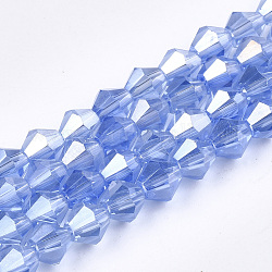 FilI di perline in vetro placcato, ab colore placcato, sfaccettato, bicono, blu fiordaliso, 6x5.5~6mm, Foro: 1 mm, circa 47~48pcs/filo, 10.83 pollice (27.5 cm)