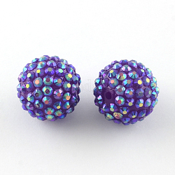Perles de strass en résine de couleur AB, avec des perles rondes acryliques à l'intérieur, pour les bijoux de bubblegum, violet foncé, 22x20mm, Trou: 2~2.5mm