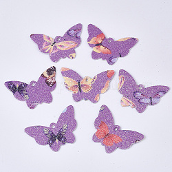 Colgantes de cuero de la pu, Con polvo de brillo de doble cara, mariposa, medio de la orquídea, 32.5x48x1.5~2mm, agujero: 2.5 mm