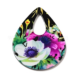 3d bedruckte Acrylanhänger, für die Herstellung von DIY-Ohrringketten, Träne mit Blume, Träne, 51.5x39.5x2 mm, Bohrung: 2 mm