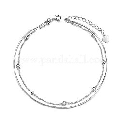 Bracelet de cheville à plusieurs rangs en argent sterling Shegrace 925, avec des chaînes de serpent et des chaînes de câble, perles rondes, platine, 8-1/4 pouce (21 cm)