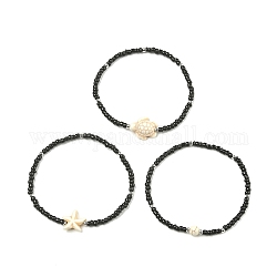 Ensemble de bracelets extensibles en perles synthétiques turquoise et verre, 3 pièce, 3 styles, ronde, étoile de mer et tortue, blanc, diamètre intérieur: 2-3/8 pouce (6 cm), 1pc / style