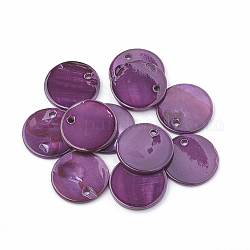Colgantes de concha de agua dulce, aerosol pintado, plano y redondo, púrpura, 16x1.5~2mm, agujero: 1 mm