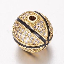 Perles de zircone cubique micro pave en Laiton, avec l'émail, basket-ball, noir, or, 12mm, Trou: 1.5mm