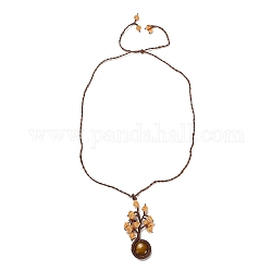 Collier pendentif arbre de vie en oeil de tigre naturel, collier ras de cou en fil de cire tressé réglable, 29.92 pouce (76 cm)