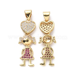 Brass Cubic Zirconia Pendants, Girl & Heart Charm, Real 18K Gold Plated, 26.5x9.5x3.5mm, Hole: 3.5x4.5mm