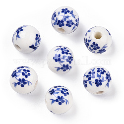 Perles en porcelaine manuelles, porcelaine bleue et blanche , ronde avec des fleurs, bleu, 10mm, Trou: 2mm