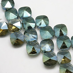 Electroplate Crystal Glass Beads Strands, Rainbow Plated, Faceted, Square, Olive Drab, 13x13x9mm, Hole: 1mm, about 69pcs/strand, 25.1inch
