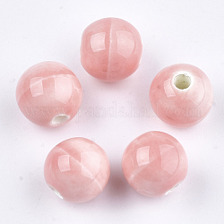 Abalorios de porcelana hechas a mano, porcelánico esmaltado brillante, redondo, rosa, 10~10.5x9.5~10mm, agujero: 2.5~3 mm
