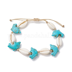 Bracelets de cheville en coquillages naturels et perles synthétiques tressées turquoise, dauphin, diamètre intérieur: 1-7/8~3 pouce (4.7~7.5 cm), dauphin: 13x19.5 mm