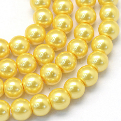 Cottura dipinto di perle di vetro perlato fili di perline rotondo, oro, 8~9mm, Foro: 1 mm, circa 105pcs/filo, 31.4 pollice