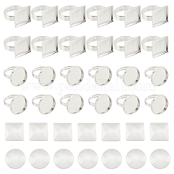 Kit de fabricación de anillos ajustables de cúpula en blanco diy dicosmetic, incluidos los componentes del anillo de almohadilla de latón, Cabuchones de cristal, cuadrado y plano y redondo, Platino, 80 unidades / caja