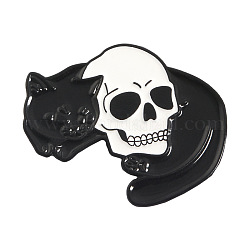 Alloy Enamel Brooches, Skull with Cat, Black, 23x28mm