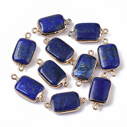 Connecteurs de liens en lapis lazuli naturel plaqués or bord, avec boucles en fer doré, rectangle, 26~27x13.5x6~7mm, Trou: 1.6~1.8mm