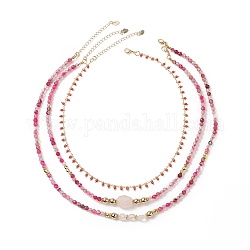 Ensembles de colliers de perles de quartz rose naturel et d'agate pour femmes, colliers de chaînes de perles de verre en laiton faits à la main, 14.96~18.9 pouce (38~48 cm), 3 pièces / kit