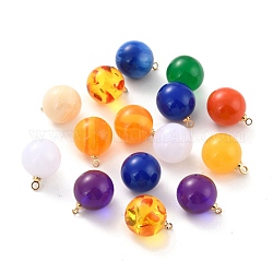 Resin Pendants, Mixed Style, with Golden Tone Alloy Findings, Round, Mixed Color, 15x12mm, Hole: 1mm