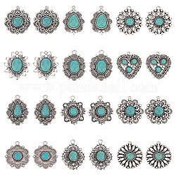 Pandahall elite 24pcs 12 styles pendentifs turquoise synthétiques, breloques géométriques, avec placage à crémaillère en alliage argenté antique, larme & fleur & coeur, formes mixtes, argent antique, 34~35x25~32.5x5mm, Trou: 1.6~3mm, 2 pièces / style