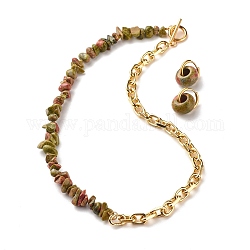 Set di gioielli con perline chip naturali unakite, collana di perline di pietre preziose e orecchini a cerchio huggie da donna, oro chiaro, 16.73 pollice (42.5 cm), 20mm, ago :1mm