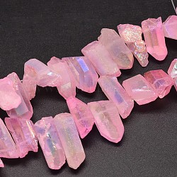Гальванические природный кристалл кварца бусы пряди, самородки, форма клыка, AB цвет, окрашенные, розовые, 7~15x18~60 мм, отверстие : 1 мм, около 46 шт / нитка, 16 дюйм