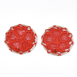 Décorations de pendentif tissées de polyester, avec les accessoires en fer, plat et circulaire avec fleur, or clair, rouge, 28x2mm