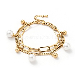 Bracelet multirangs perle plastique et breloque boule ronde, placage sous vide 304 bracelet double chaîne en acier inoxydable pour femme, or, 7-1/2 pouce (19 cm)