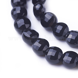 Natürliche schwarze Onyxperlenstränge, facettiert, Flachrund, 6~6.5x4~5 mm, Bohrung: 1 mm, ca. 65 Stk. / Strang, 15.3 Zoll (39 cm)