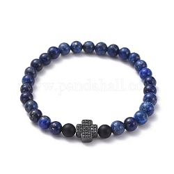 Bracelets extensibles en perles de lapis-lazuli naturel (teint), avec des perles d'agate noire naturelle (teintes) et des pendentifs en laiton micro pavé de zircone cubique, croix, 2 pouce (50 mm)