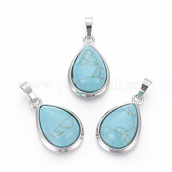 Synthetic Turquoise Pendants, with Brass Findings, teardrop, Platinum, 26x16~17x8~10mm, Hole: 8x5mm