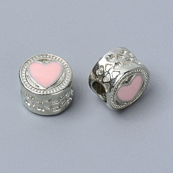 Perles en émail européennes en alliage de zinc, Perles avec un grand trou   , plat et circulaire avec coeur, platine, rose, 11.5x8.5mm, Trou: 5mm