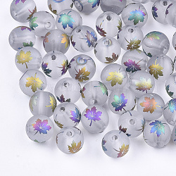 Thème d'automne galvanoplastie perles de verre transparentes, mat, rond avec motif feuille d'érable, colorées, 10mm, Trou: 1.5mm