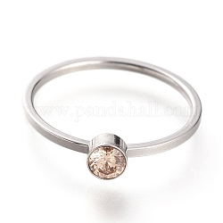 304 Stainless Steel Finger Rings, with Rhinestone, Flat Round, Stainless Steel Color, Light Peach, US Size 7~7 3/4(17.3~17.9mm)