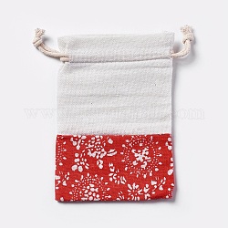 Cotton and Linen Cloth Packing Pouches, Drawstring Bags, with Flower Pattern, Red, 12~14.2x9.8~10.5cm