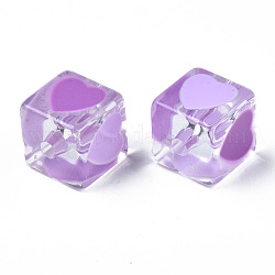 Perles en acrylique transparente, avec l'émail, cube avec le coeur, moyen orchidée, 14.5x14x14mm, Trou: 3mm