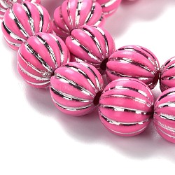 Brins de perles de résine rainurées, métal argenté enlaça, citrouille, rose chaud, 10~12mm, Trou: 3mm, Environ 32 pcs/chapelet, 13.78'' (35 cm)