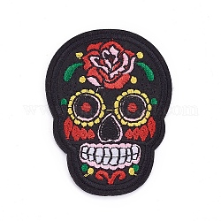 Computarizado bordado paño hierro en remiendos, accesorios de vestuario, apliques, cráneo del azúcar, para el día de fiesta mexicano de los muertos, negro, 72.2x53x1.9mm