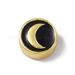 Vere perle smaltate in ottone placcato oro 18k, placcato di lunga durata,  cadmio& piombo libero, piatta e rotonda con la luna, nero, 11x4.5mm, Foro: 1.8 mm