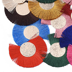 Polyester Quaste große Anhänger Dekorationen, mit  eisernem Zubehör, kantille, Kreissektor Fächer, Licht Gold, Mischfarbe, 55~65x70~80x2.5 mm, Bohrung: 1 mm