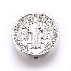 Perles en laiton, sans plomb et sans cadmium, plat rond avec la médaille de saint bénédict, platine, 11.5x3.5mm, Trou: 1.2mm