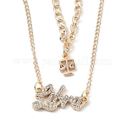 Alloy Double Layered Necklaces, Pendant Necklaces, with Glass Rhinestone, Constellation/Zodiac Sign, Golden, Libra, Word: 26x14.5x2.5mm, 16.14 inch(41cm)