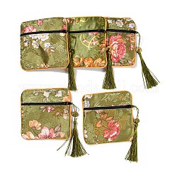 Almacenamiento de joyas de tela floral de estilo chino bolsos de mano, estuche de regalo de joyería cuadrado con borla, para pulseras, pendientes, anillos, patrón aleatorio, oliva, 115x115x7mm