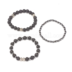 3Pcs 3Style Natural Lava Rock & Alloy & Synthetic Hematite Beaded Stretch Bracelets Set, Essential Oil Gemstone Jewelry for Women, Inner Diameter: 2-1/4 inch(5.8cm), 1Pc/style