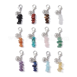 Synthetic & Natural Mixed Gemstone Chip Pendant Decorations, Tree of Life Tibetan Style Alloy and Lobster Claw Clasps Charm, Antique Silver & Platinum, 44.5~45.5mm, 12pcs/set