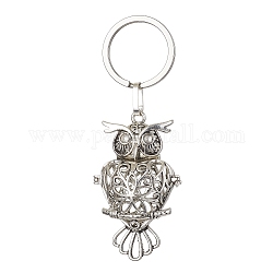 Porte-clés pendentif hibou creux en laiton, avec 304 anneaux en acier inoxydable, argent antique, 8 cm