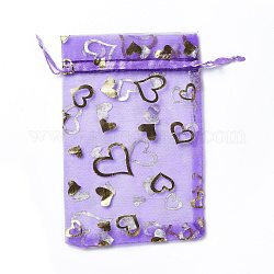 オーガンジー巾着ジュエリーポーチ  結婚披露宴のギフトバッグ  金箔押しハート柄の四角形  紫色のメディア  15x10x0.11cm